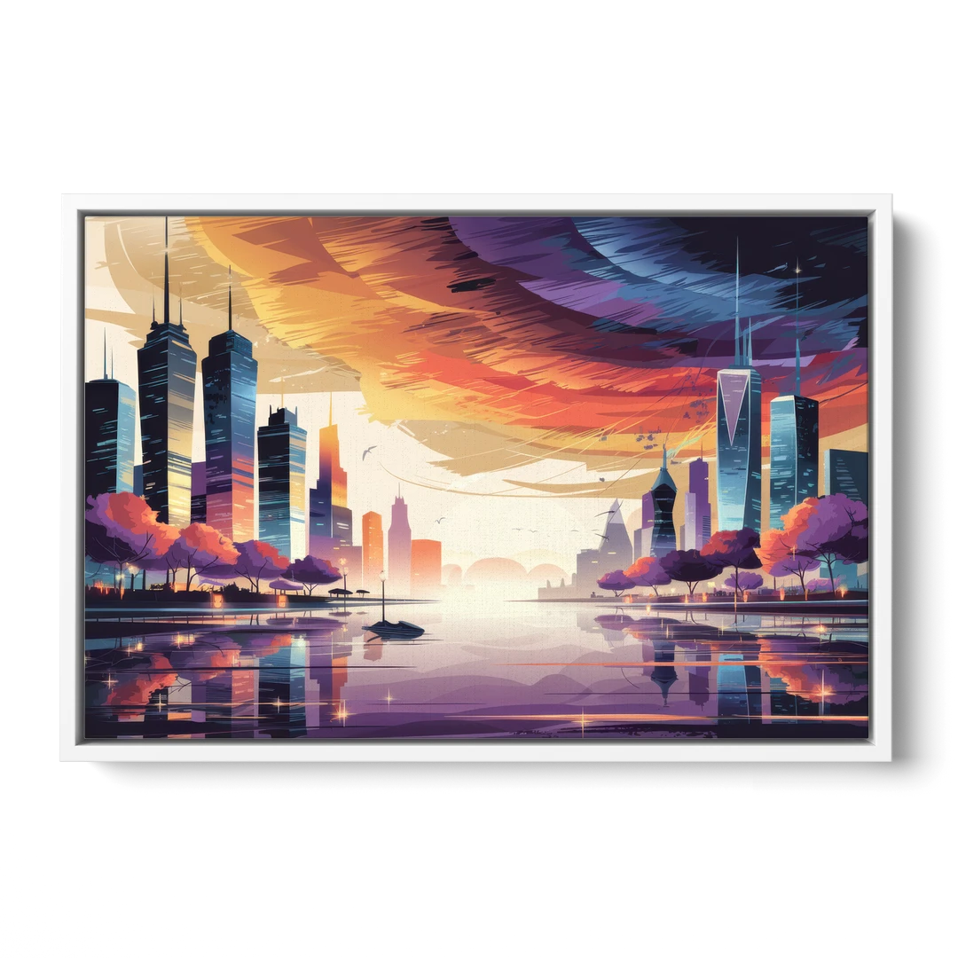 Garland Cityscape Sunset Horizon - White Framed Canvas Wall Art - Front