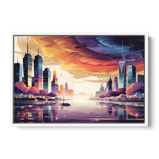 Garland Cityscape Sunset Horizon - White Framed Canvas Wall Art - Front