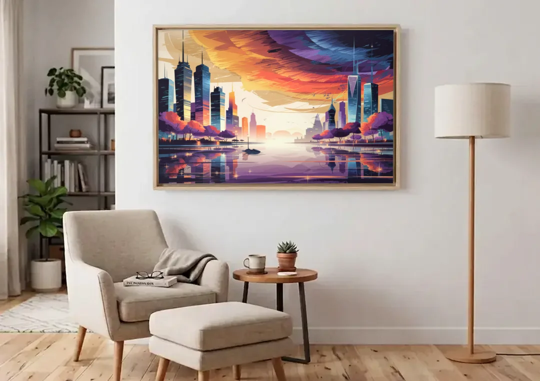Garland Cityscape Sunset Horizon canvas wall art above an armchair in a bright living room