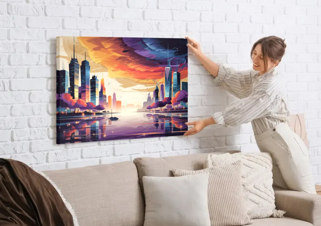 Garland Cityscape Sunset Horizon canvas wall art being hung on a white brick wall above a sofa