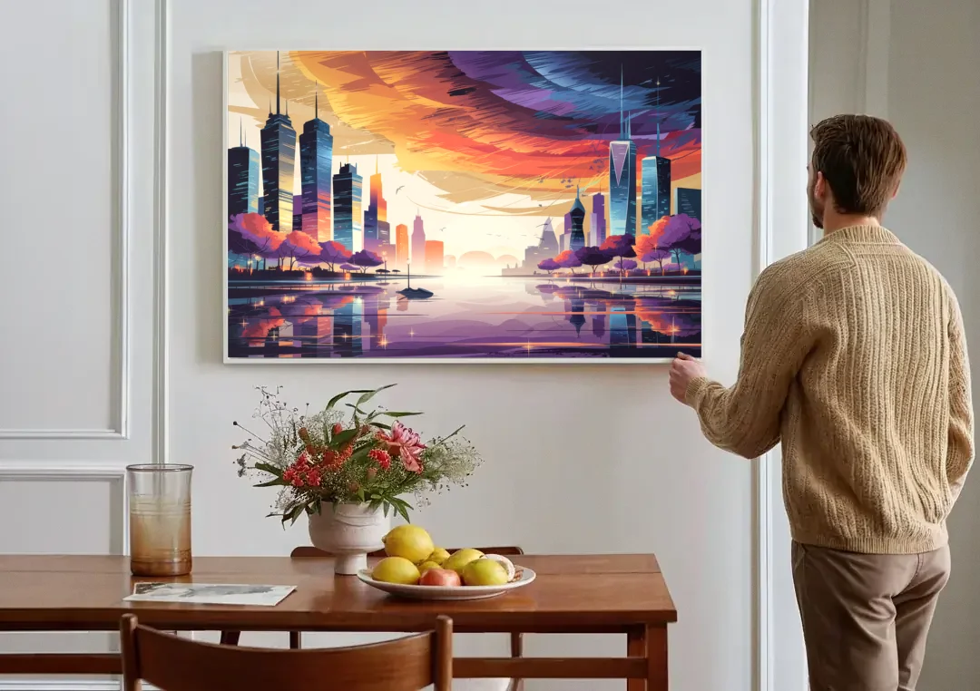 Garland Cityscape Sunset Horizon canvas wall art above a dining table