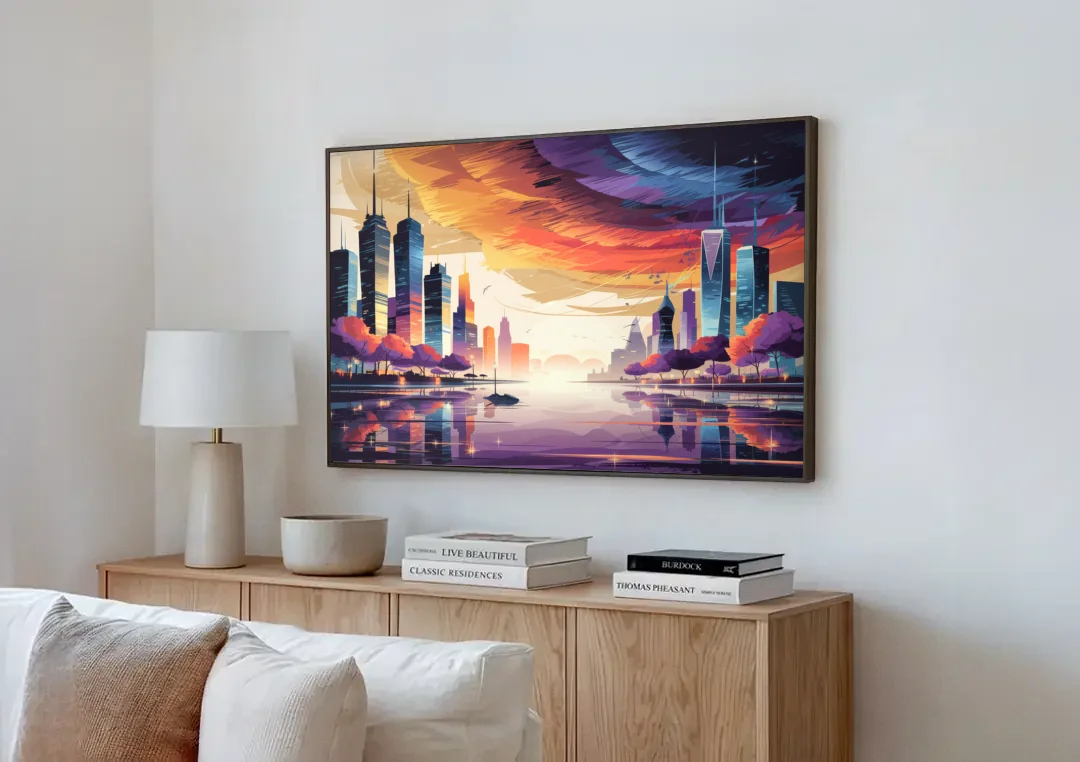 Garland Cityscape Sunset Horizon canvas wall art above a wooden sideboard next to a sofa