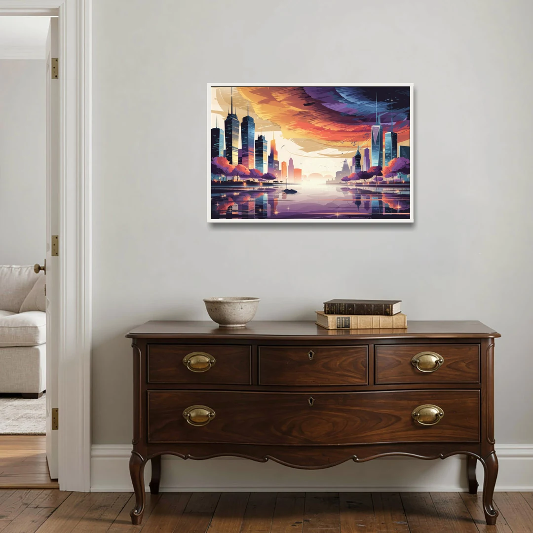 Garland Cityscape Sunset Horizon - White Framed Canvas Wall Art - Coffee Table - 36x24