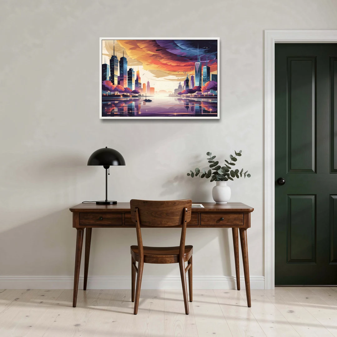 Garland Cityscape Sunset Horizon - White Framed Canvas Wall Art - Office - 36x24