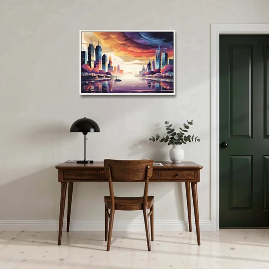 Garland Cityscape Sunset Horizon - White Framed Canvas Wall Art - Office - 36x24