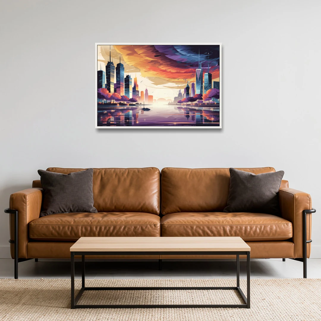 Garland Cityscape Sunset Horizon - White Framed Canvas Wall Art - Sofa - 36x24