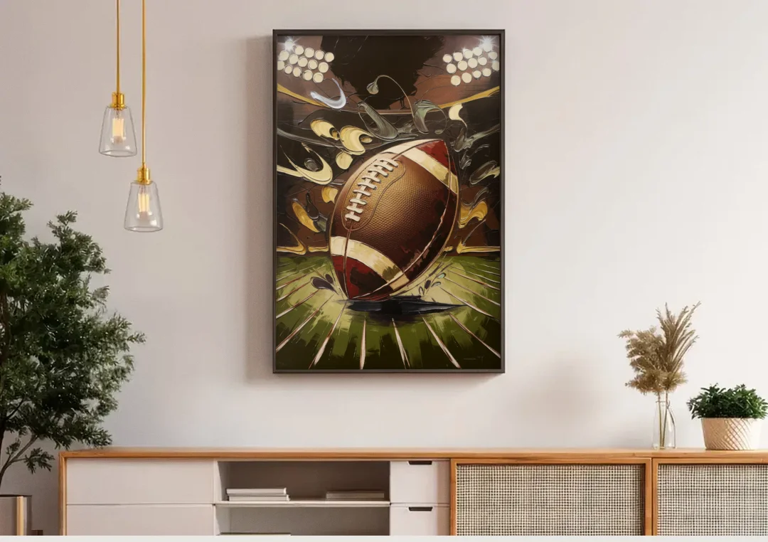 Garland Football Spirit canvas wall art above a wooden sideboard under pendant lights