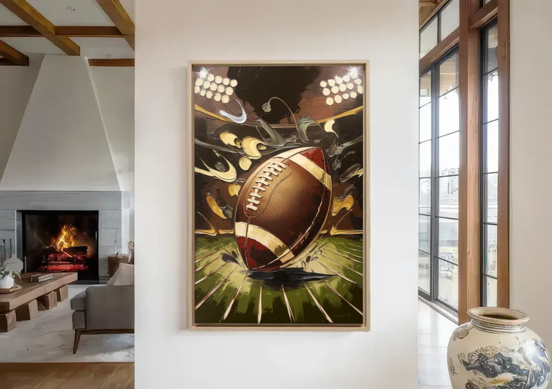 Garland Football Spirit canvas wall art in a living room with a fireplace