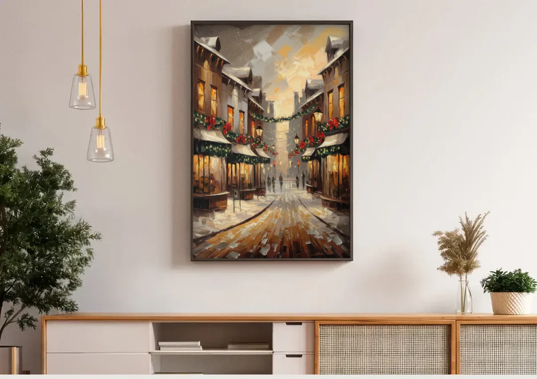Garland Historic Downtown canvas wall art above a wooden sideboard under pendant lights