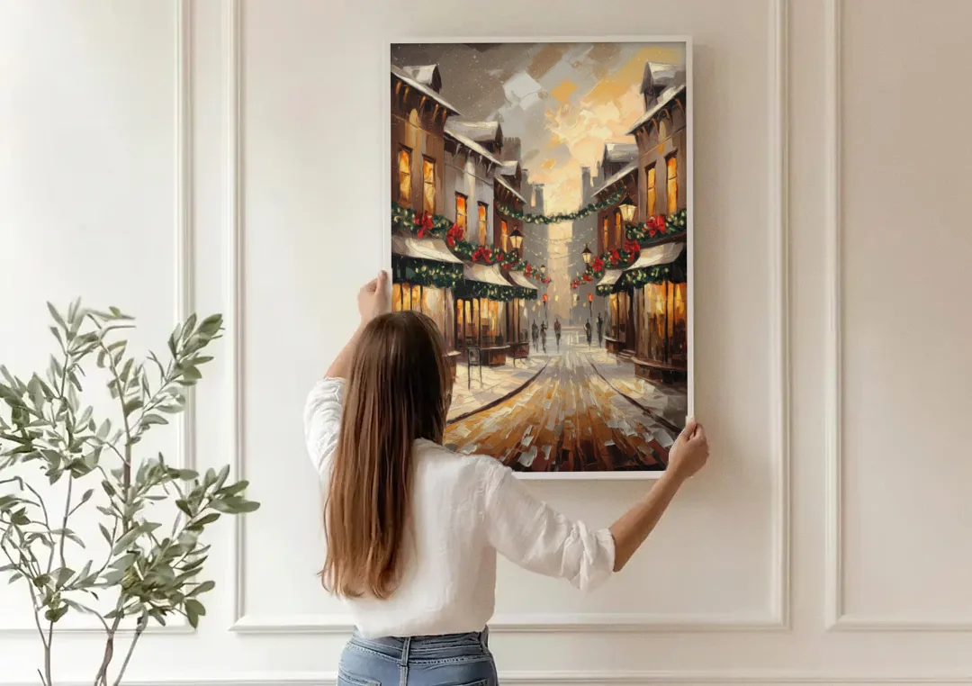 Garland Historic Downtown canvas wall art being hung on a paneled wall