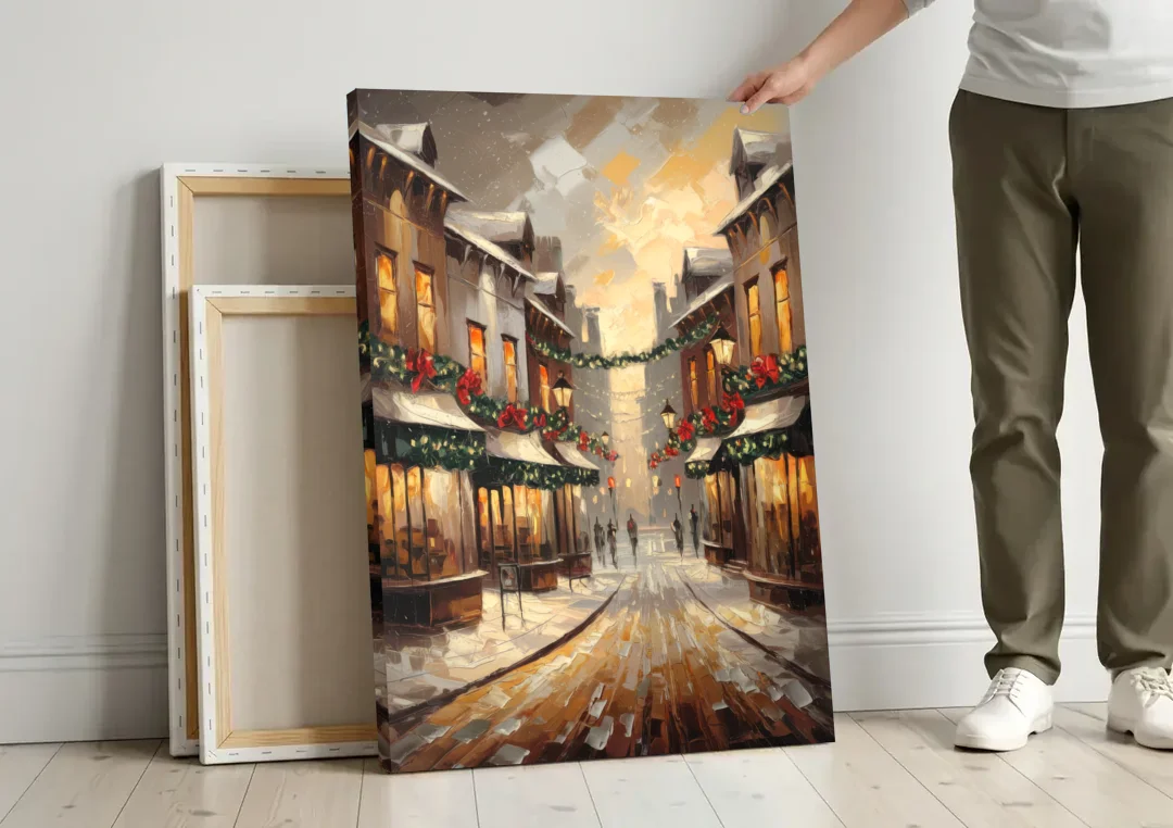 Garland Historic Downtown canvas wall art leaning against a wall next to blank canvases