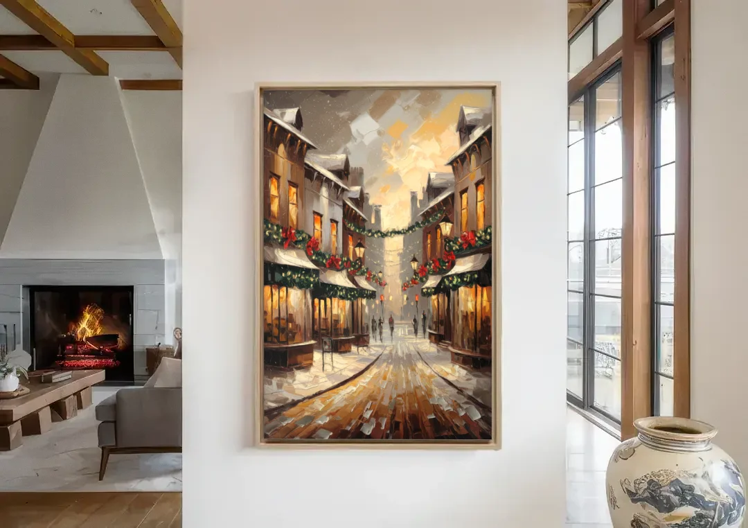 Garland Historic Downtown canvas wall art in a living room with a fireplace