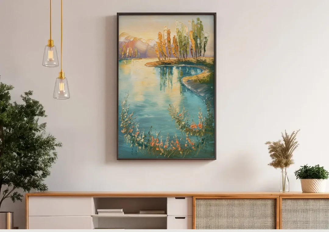 Garland Lakeside Serenity canvas wall art above a wooden sideboard under pendant lights