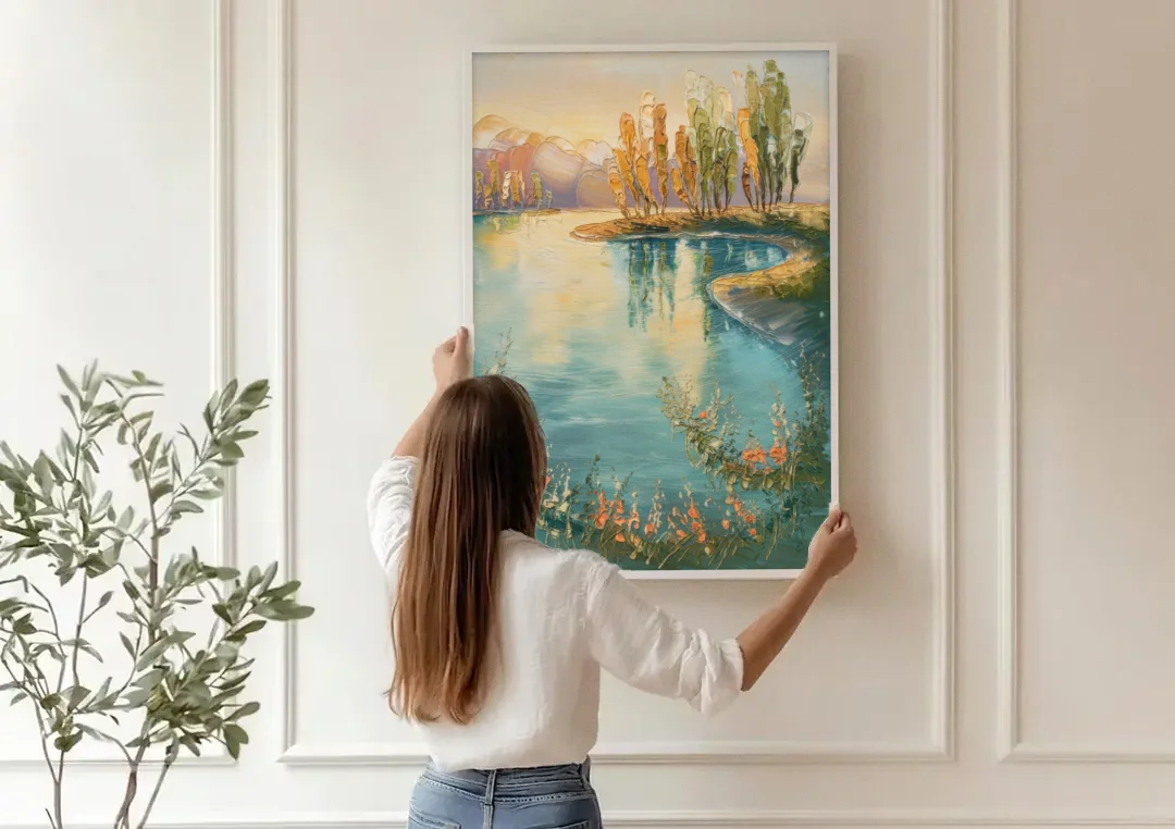 Garland Lakeside Serenity canvas wall art being hung on a paneled wall