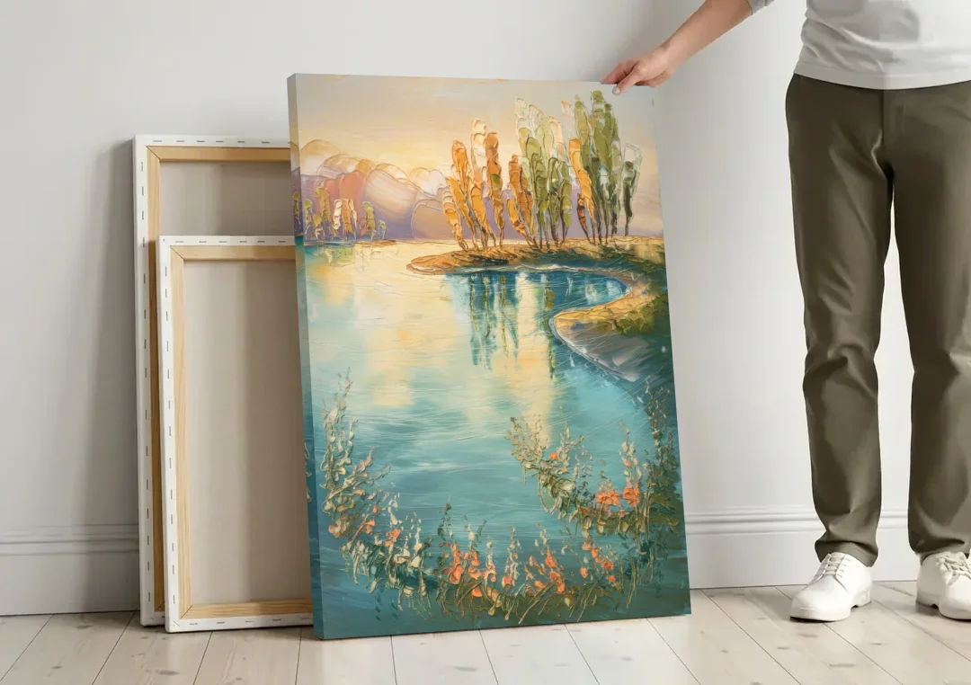 Garland Lakeside Serenity canvas wall art leaning against a wall next to blank canvases