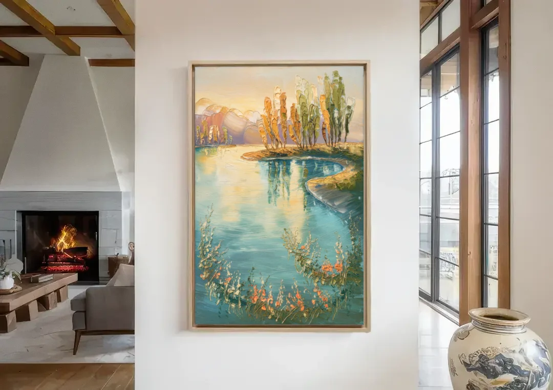 Garland Lakeside Serenity canvas wall art in a living room with a fireplace