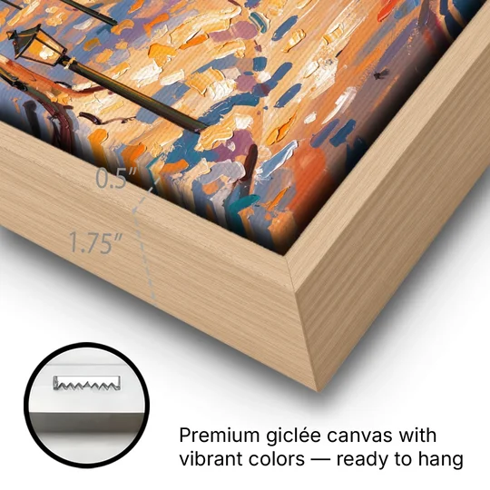 Garland Nighttime Lights - Oak Framed Canvas Wall Art - Gallery Wrap Corner