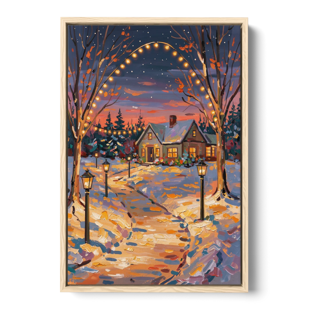 Garland Nighttime Lights - Oak Framed Canvas Wall Art - Front