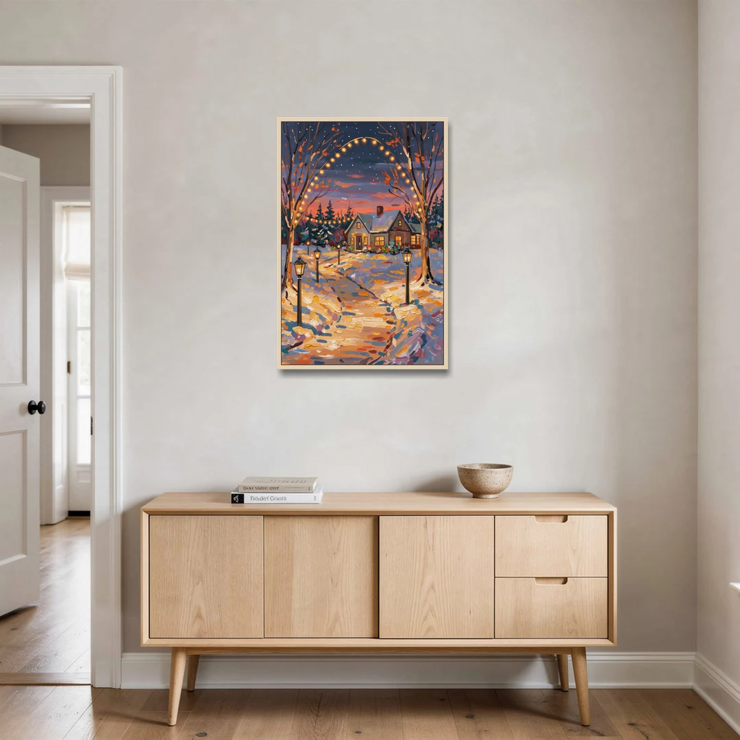 Garland Nighttime Lights - Oak Framed Canvas Wall Art - Coffee Table - 24x36