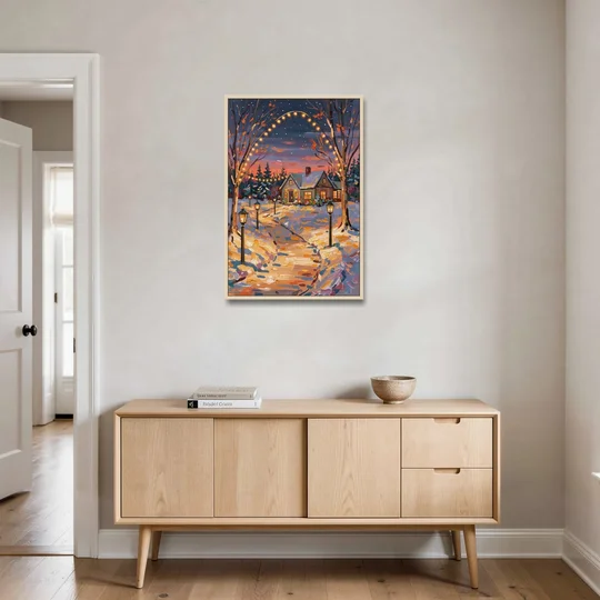 Garland Nighttime Lights - Oak Framed Canvas Wall Art - Coffee Table - 24x36