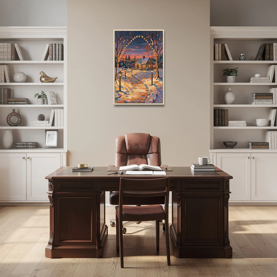 Garland Nighttime Lights - Oak Framed Canvas Wall Art - Office - 24x36