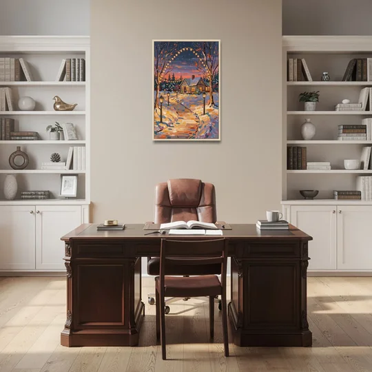 Garland Nighttime Lights - Oak Framed Canvas Wall Art - Office - 24x36