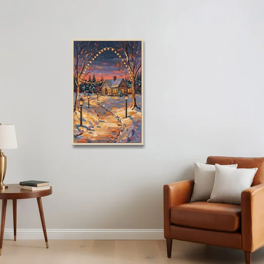Garland Nighttime Lights - Oak Framed Canvas Wall Art - Sofa - 24x36