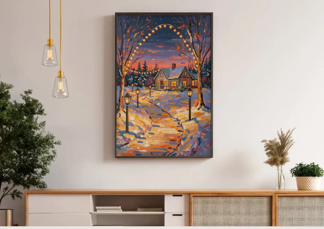 Garland Nighttime Lights canvas wall art above a wooden sideboard under pendant lights