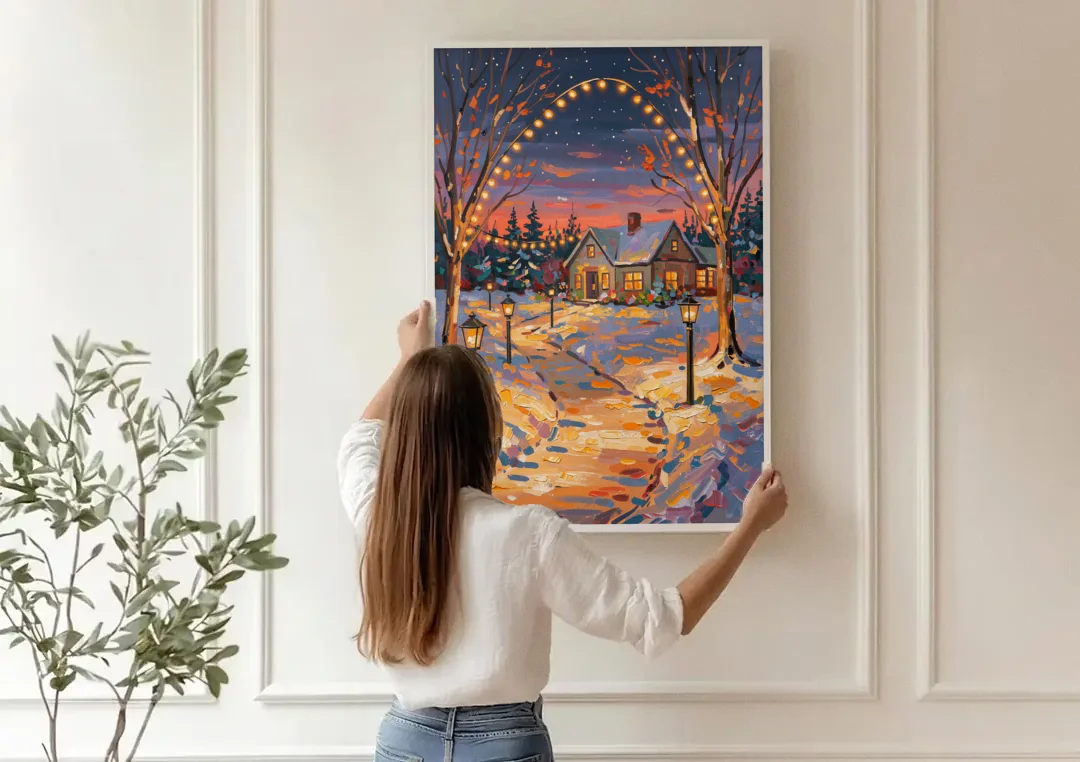 Garland Nighttime Lights canvas wall art being hung on a paneled wall