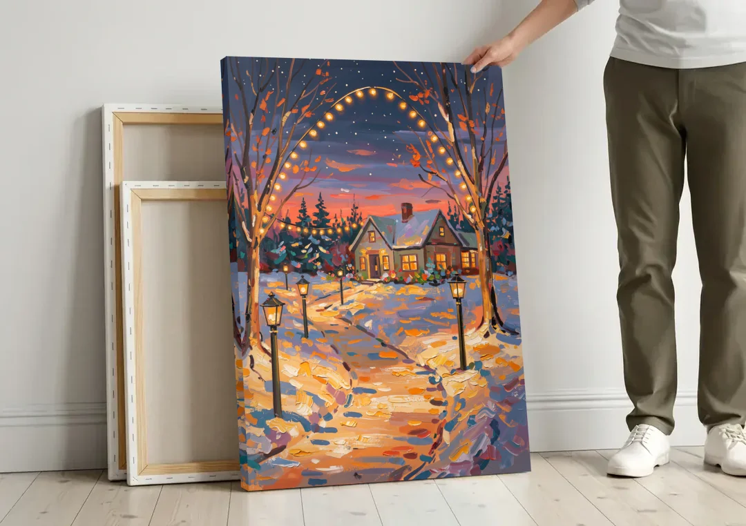 Garland Nighttime Lights canvas wall art leaning against a wall next to blank canvases