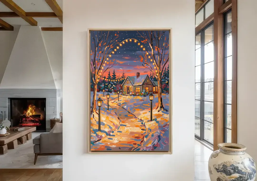 Garland Nighttime Lights canvas wall art in a living room with a fireplace