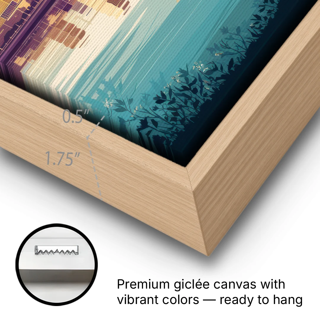 Garland Skyline Reflection - Oak Framed Canvas Wall Art - Gallery Wrap Corner