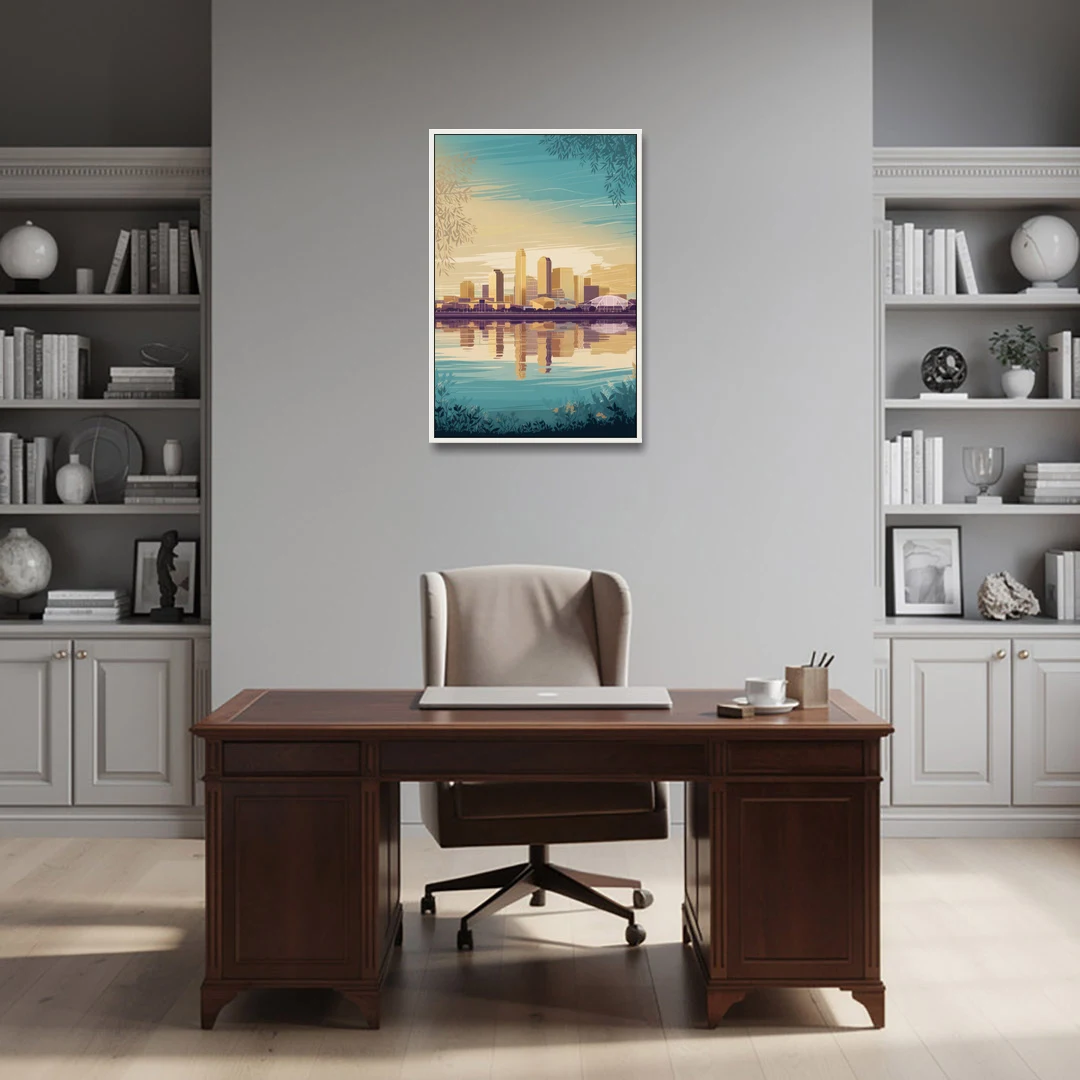 Garland Skyline Reflection - White Framed Canvas Wall Art - Office - 24x36