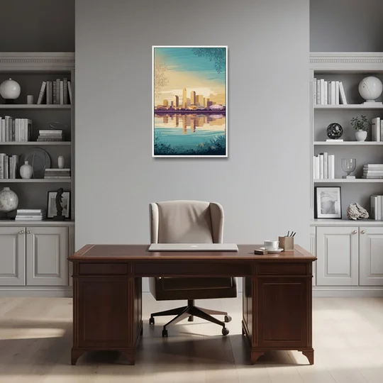 Garland Skyline Reflection - White Framed Canvas Wall Art - Office - 24x36