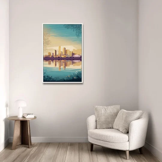 Garland Skyline Reflection - White Framed Canvas Wall Art - Sofa - 24x36