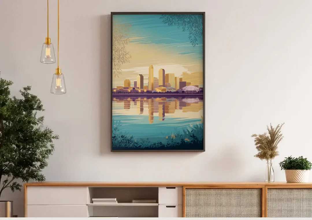 Garland Skyline Reflection canvas wall art above a wooden sideboard under pendant lights