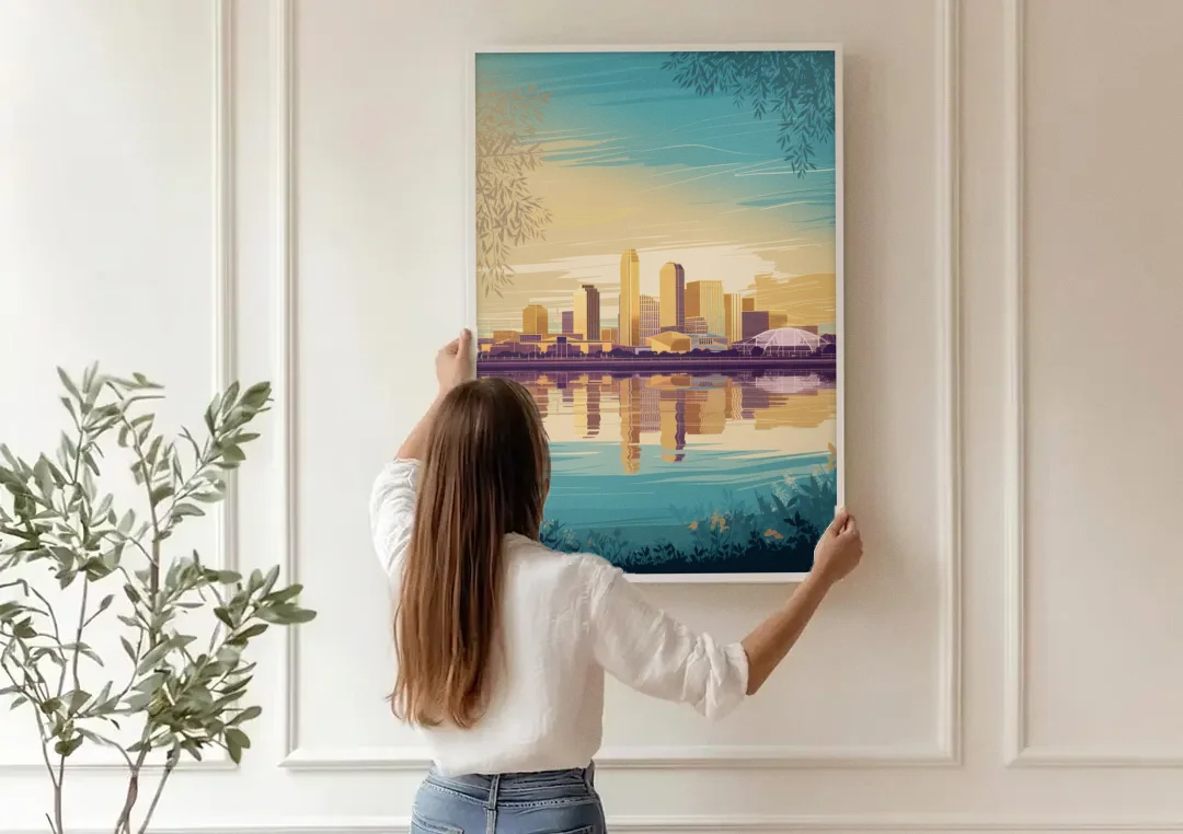 Garland Skyline Reflection canvas wall art being hung on a paneled wall