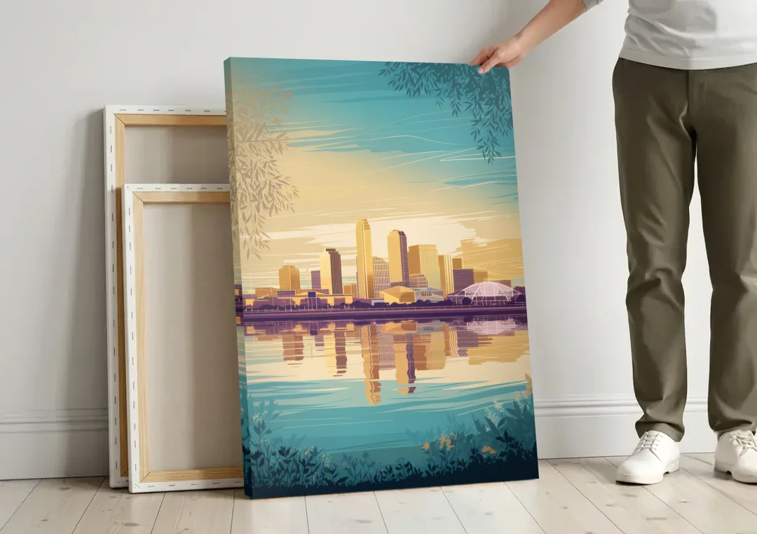 Garland Skyline Reflection canvas wall art leaning against a wall next to blank canvases