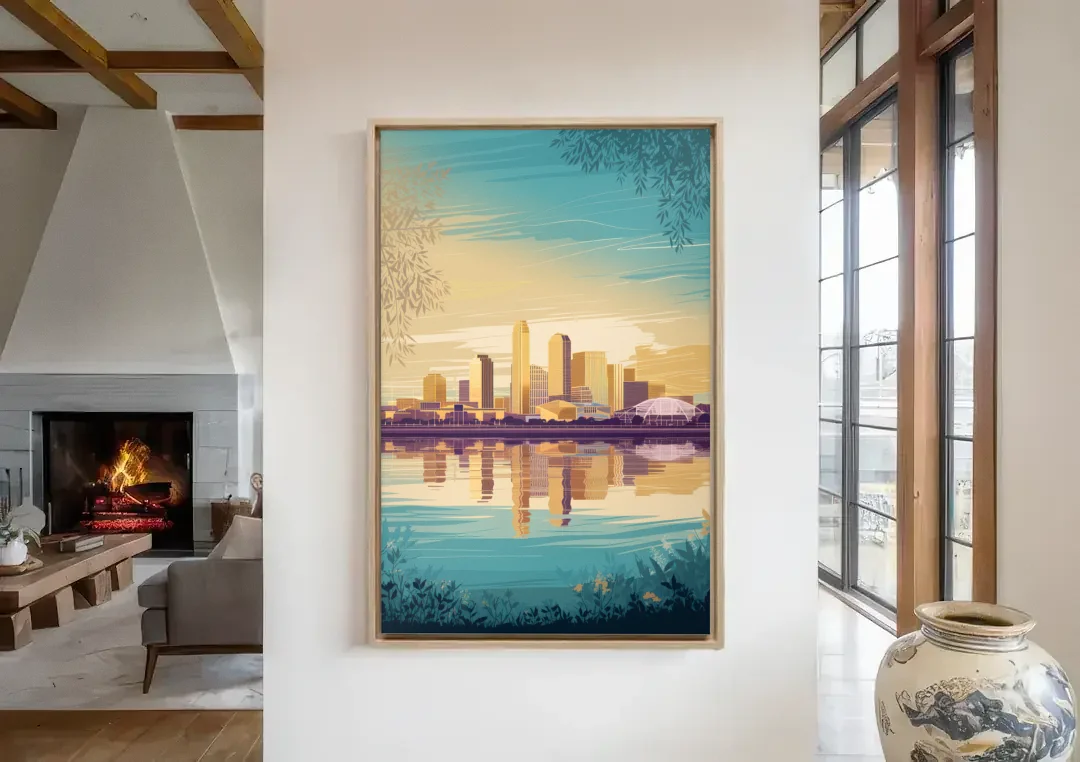 Garland Skyline Reflection canvas wall art in a living room with a fireplace