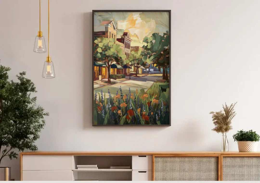 Garland Texas Pride canvas wall art above a wooden sideboard under pendant lights