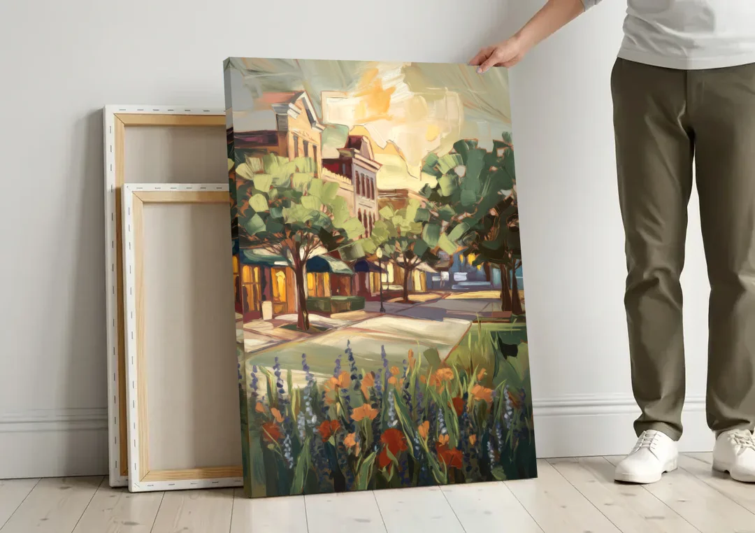 Garland Texas Pride canvas wall art leaning against a wall next to blank canvases