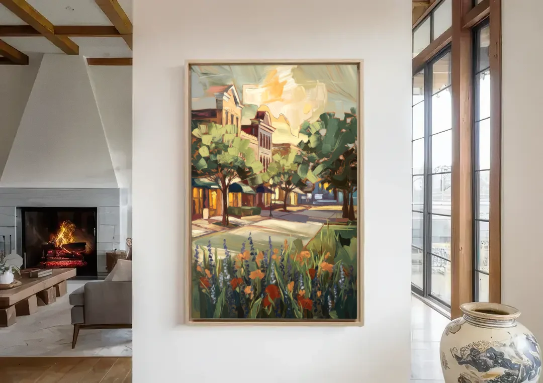 Garland Texas Pride canvas wall art in a living room with a fireplace