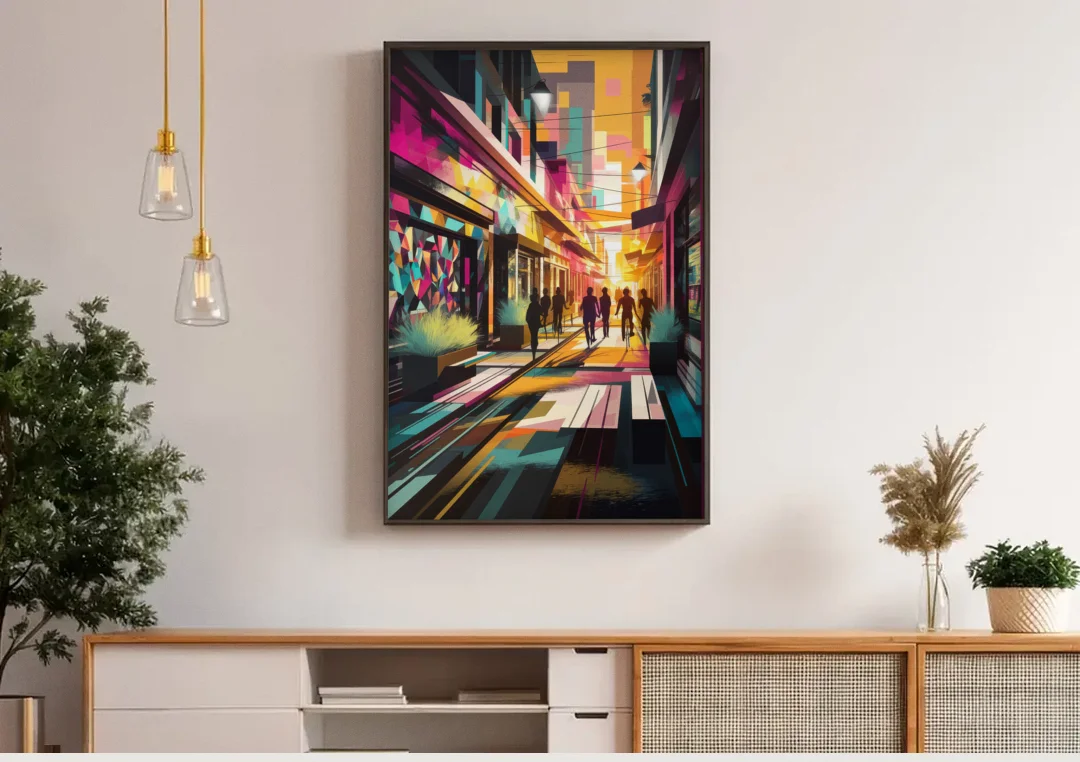 Garland Vibrant Streets canvas wall art above a wooden sideboard under pendant lights