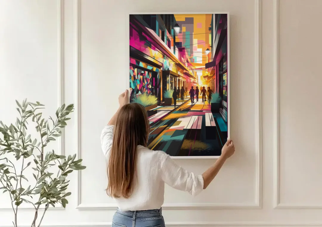 Garland Vibrant Streets canvas wall art being hung on a paneled wall