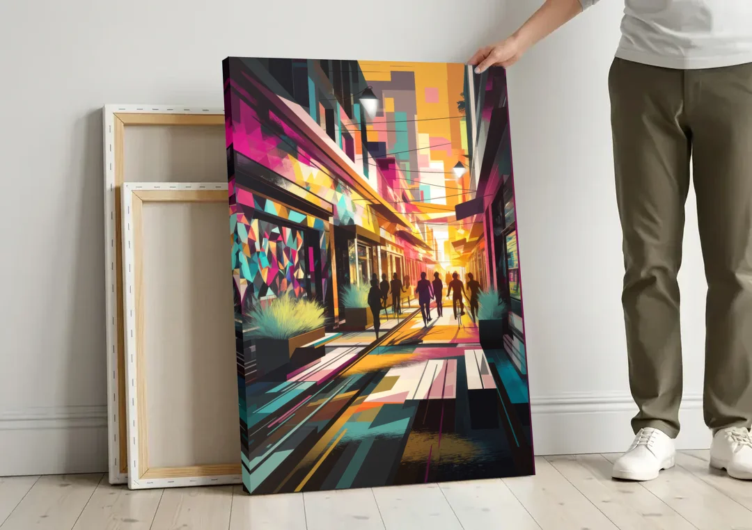 Garland Vibrant Streets canvas wall art leaning against a wall next to blank canvases
