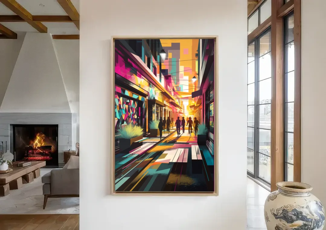 Garland Vibrant Streets canvas wall art in a living room with a fireplace