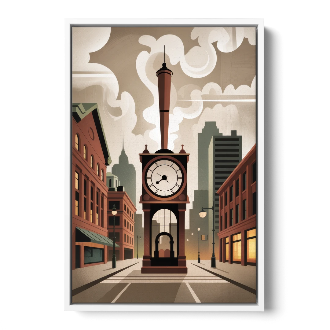 Gastown Steam Clock - White Framed Canvas Wall Art - Front