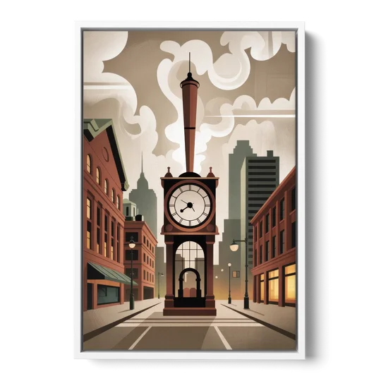 Gastown Steam Clock - White Framed Canvas Wall Art - Front