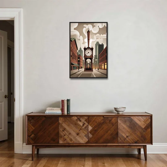 Gastown Steam Clock - Black Framed Canvas Wall Art - Coffee Table - 24x36