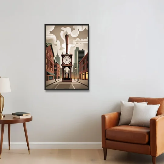Gastown Steam Clock - Black Framed Canvas Wall Art - Sofa - 24x36